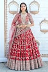 Shop_TANUSHAVY COUTURE_Red Pure Handloom Cotton Embroidery Dabka Dori Flower Jaal Bridal Lehenga Set _Online_at_Aza_Fashions