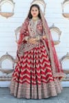 Buy_TANUSHAVY COUTURE_Red Pure Handloom Cotton Embroidery Dabka Chevron Floral Bridal Lehenga Set _at_Aza_Fashions