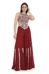Buy_Payal Singhal_Maroon Georgette Embroidery Mukaish Halter Neck Ambrosia Choli With Sharara _at_Aza_Fashions