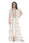 Buy_Payal Singhal_Off White Georgette Embroidery Phool Open Neck Tassel Jacket Draped Skirt Set _at_Aza_Fashions