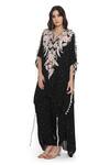 Shop_Payal Singhal_Black Mukaish Georgette Embroidered Floral Notched Kaftan With Jogger Pant _at_Aza_Fashions