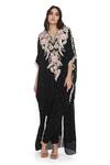 Payal Singhal_Black Mukaish Georgette Embroidered Floral Notched Kaftan With Jogger Pant _Online