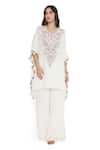 Buy_Payal Singhal_Ivory Crepe Embroidered Floral Notched Kaftan And Palazzo Set _at_Aza_Fashions