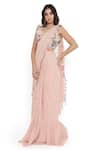 Buy_Payal Singhal_Pink Georgette Embroidered Floral Leaf Frilled Pre-draped Saree With Blouse _at_Aza_Fashions