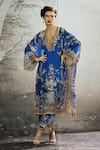 Buy_Rajdeep Ranawat_Blue Kaftan Silk Block Printed Floral Plunge V Neck Ghufrina And Pant Set _at_Aza_Fashions