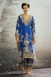 Rajdeep Ranawat_Blue Kaftan Silk Block Printed Floral Plunge V Neck Ghufrina And Pant Set _Online_at_Aza_Fashions