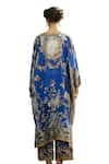 Buy_Rajdeep Ranawat_Blue Kaftan Silk Block Printed Floral Plunge V Neck Ghufrina And Pant Set _Online_at_Aza_Fashions