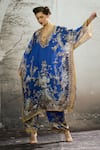 Shop_Rajdeep Ranawat_Blue Kaftan Silk Block Printed Floral Plunge V Neck Ghufrina And Pant Set _Online_at_Aza_Fashions