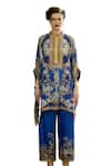 Rajdeep Ranawat_Blue Silk, Modal, Satin Embroidery Chanel Floral Print Tunic And Flared Pant Set _Online_at_Aza_Fashions