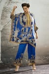 Buy_Rajdeep Ranawat_Blue Silk, Modal, Satin Embroidery Chanel Floral Print Tunic And Flared Pant Set 