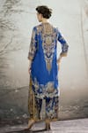 Shop_Rajdeep Ranawat_Blue Tunic Silk Block Printed Floral Band Collar Baaka And Layered Pant Set _at_Aza_Fashions