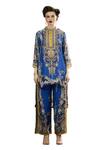 Rajdeep Ranawat_Blue Tunic Silk Block Printed Floral Band Collar Baaka And Layered Pant Set _Online_at_Aza_Fashions