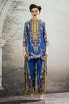 Buy_Rajdeep Ranawat_Blue Tunic Silk Block Printed Floral Band Collar Baaka And Layered Pant Set _Online_at_Aza_Fashions