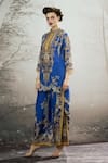 Shop_Rajdeep Ranawat_Blue Tunic Silk Block Printed Floral Band Collar Baaka And Layered Pant Set _Online_at_Aza_Fashions
