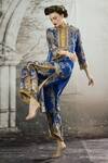 Rajdeep Ranawat_Blue Tunic Silk Block Printed Floral Band Collar Baaka And Layered Pant Set _Online