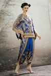 Buy_Rajdeep Ranawat_Blue Poncho Top Silk Block Printed Floral Mandarin Ramona And Dhoti Pant Set _at_Aza_Fashions