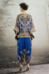 Shop_Rajdeep Ranawat_Blue Poncho Top Silk Block Printed Floral Mandarin Ramona And Dhoti Pant Set _at_Aza_Fashions