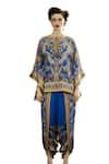 Rajdeep Ranawat_Blue Poncho Top Silk Block Printed Floral Mandarin Ramona And Dhoti Pant Set _Online_at_Aza_Fashions