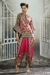 Buy_Rajdeep Ranawat_Fuchsia Poncho Top Silk Block Printed Floral Sonth And Dhoti Pant Set _at_Aza_Fashions