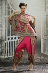 Rajdeep Ranawat_Fuchsia Poncho Top Silk Block Printed Floral Sonth And Dhoti Pant Set _Online