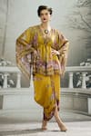 Shop_Rajdeep Ranawat_Yellow Kaftan Silk Printed Botanical Plunge V Parma Draped Dress And Skirt Set _at_Aza_Fashions