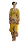 Rajdeep Ranawat_Yellow Kaftan Silk Printed Botanical Plunge V Parma Draped Dress And Skirt Set _Online_at_Aza_Fashions