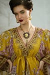 Rajdeep Ranawat_Yellow Kaftan Silk Printed Botanical Plunge V Parma Draped Dress And Skirt Set _Online