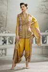 Rajdeep Ranawat_Yellow Cape Silk Printed Floral Stripe Plunge V Neck Chloe And Dhoti Pant Set _Online_at_Aza_Fashions