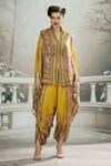 Rajdeep Ranawat_Yellow Cape Silk Printed Floral Stripe Plunge V Neck Chloe And Dhoti Pant Set _at_Aza_Fashions