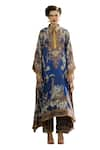 Buy_Rajdeep Ranawat_Blue Kaftan Silk Printed Botanical Collar Sharifa Shirt And Palazzo Set _Online_at_Aza_Fashions