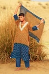 The Home Affair_Beige Pure Crushed  Lining Tie Dye Bandhani V Neck Kurta Pant Set _Online_at_Aza_Fashions