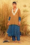 Shop_The Home Affair_Beige Pure Crushed  Lining Tie Dye Bandhani V Neck Kurta Pant Set _Online_at_Aza_Fashions