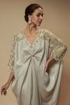 Keith Gomes_Beige Foil Satin Crepe Embellished Sequin V-neck Bead Asymmetric Kaftan _Online_at_Aza_Fashions