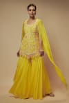 Buy_Keith Gomes_Yellow Silk Organza Embellished Sequin Round Floral Vine Bead Kurta Gharara Set _at_Aza_Fashions