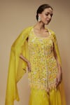 Buy_Keith Gomes_Yellow Silk Organza Embellished Sequin Round Floral Vine Bead Kurta Gharara Set _Online_at_Aza_Fashions