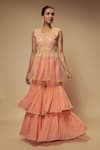 Buy_Keith Gomes_Peach Chiffon Crepe Embellished Sequin V-neck Floral Peplum Tunic With Gharara _at_Aza_Fashions