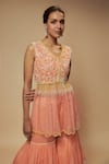 Keith Gomes_Peach Chiffon Crepe Embellished Sequin V-neck Floral Peplum Tunic With Gharara _Online_at_Aza_Fashions