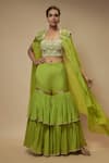 Buy_Keith Gomes_Green Blouse And Cape Silk Organza Embellished Sequin Cape Open Gharara Set _at_Aza_Fashions