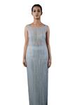 SHRIYA SOM_Grey Tulle Boat Beaded Line Midi Dress _Online_at_Aza_Fashions