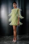 SHRIYA SOM_Green Tulle Boat Fringed Short Dress _Online_at_Aza_Fashions