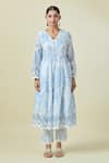 Samyukta Singhania_Blue Kurta And Trouser Cotton Blend Printed Abstract Schiffli Anarkali Set _Online_at_Aza_Fashions