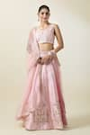 Buy_Samyukta Singhania_Peach Lehenga And Blouse Art Silk Embroidered Thread V Neck Floral Set _at_Aza_Fashions