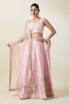 Buy_Samyukta Singhania_Peach Lehenga And Blouse Art Silk Embroidered Thread V Neck Floral Set