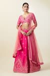 Buy_Samyukta Singhania_Pink Lehenga And Blouse Art Silk Embroidered Thread Plunge Neck Set _at_Aza_Fashions