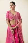 Samyukta Singhania_Pink Lehenga And Blouse Art Silk Embroidered Thread Plunge Neck Set _Online_at_Aza_Fashions