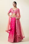 Samyukta Singhania_Pink Lehenga And Blouse Art Silk Embroidered Thread Plunge Neck Set _at_Aza_Fashions