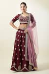 Buy_Samyukta Singhania_Wine Lehenga And Blouse Art Silk Embroidered Thread Floral Kalidar Set _at_Aza_Fashions