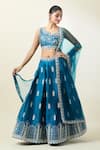 Buy_Samyukta Singhania_Blue Lehenga And Blouse Art Silk Embroidered Thread Leaf Pattern Set _at_Aza_Fashions