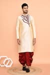 Buy_Arihant Rai Sinha_Beige Art Silk Embroidered Thread Kurta And Red Dhoti Pant Set _at_Aza_Fashions