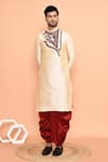 Shop_Arihant Rai Sinha_Beige Art Silk Embroidered Thread Kurta And Red Dhoti Pant Set 